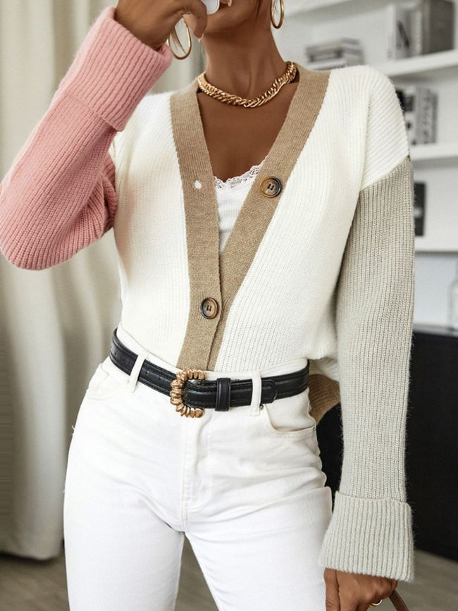 Contrast Rib-Knit Button Front Cardigan