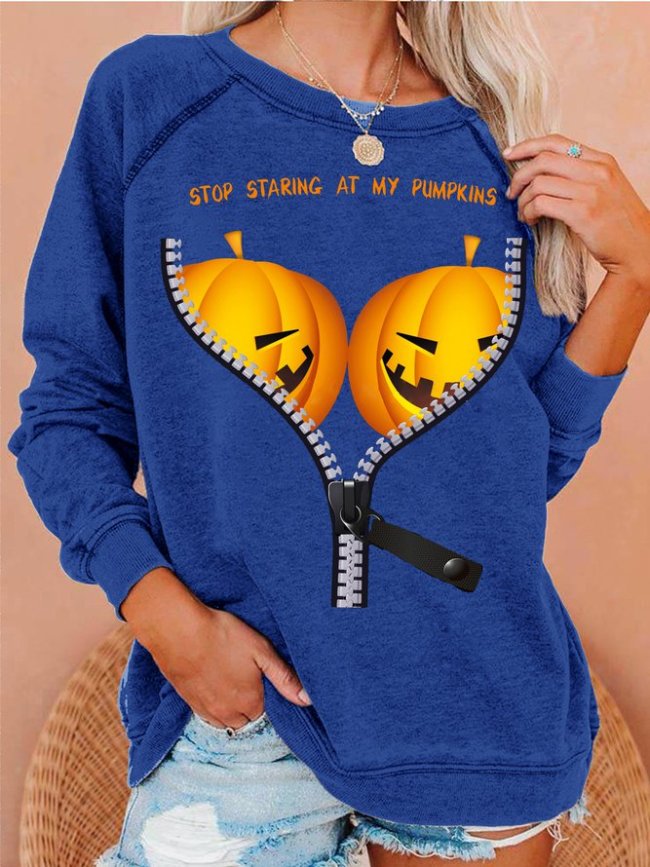 Womens Halloween Costume Pumpkin Funny BOObs Print Crew Neck Sweatshirts