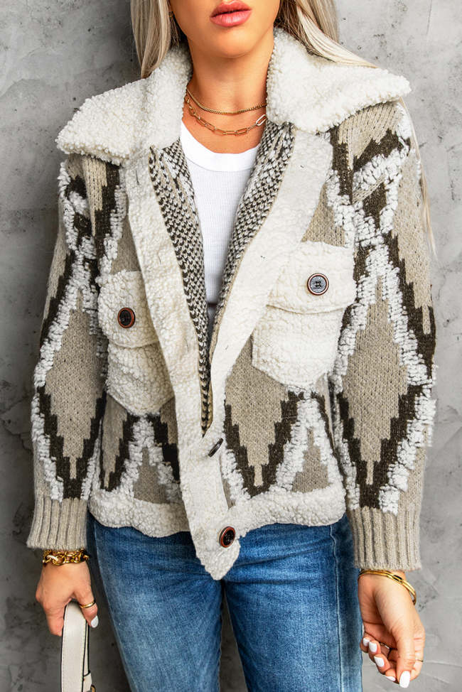 Women's Sweater Cardigan Multicolored Spliced Sherpa Collared Neck Cardigan