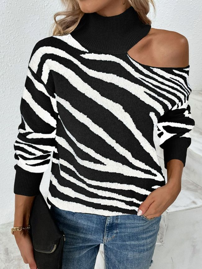 Women's Sweater Tiger Print Cold-Shoulder High Neck Sweater