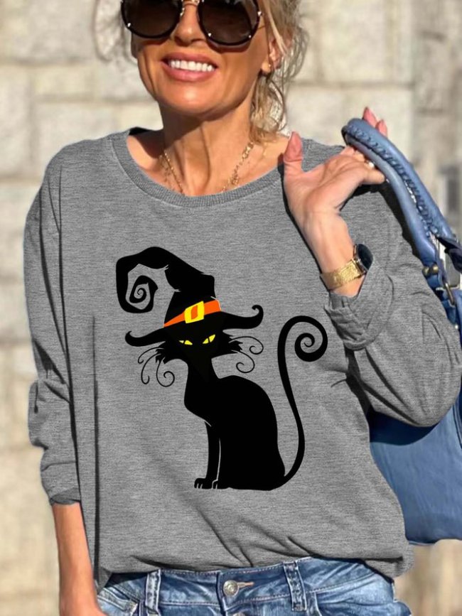 Women Black Cat Witch Loose Halloween Casual Sweatshirts
