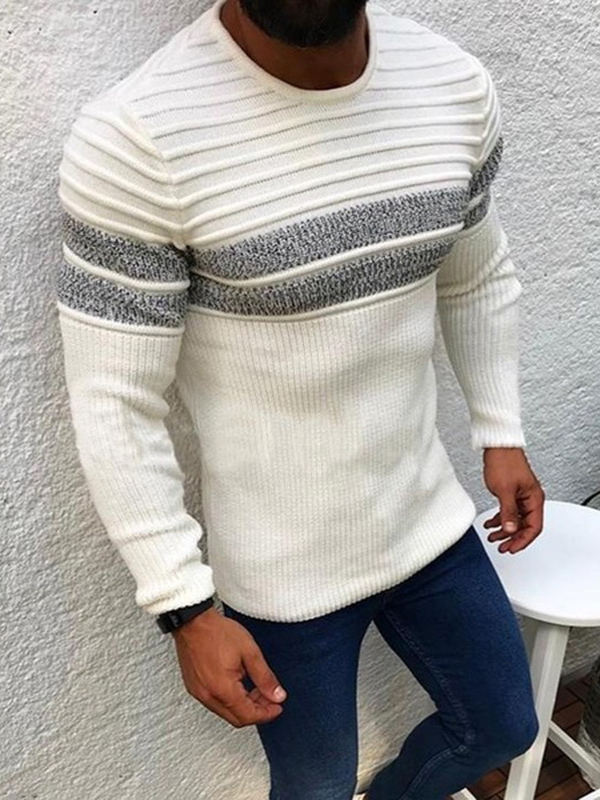 Men's Sweater With Grey Stripes Long Sleeve Crew Neck Basic Light Weight Pullover Sweater