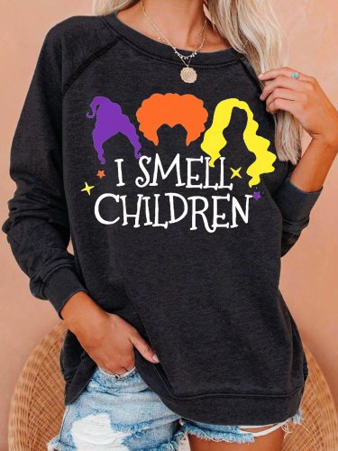 Womens I Smell Children Halloween Witch Crew Neck Sweatshirts