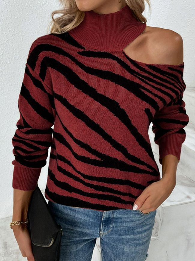 Women's Sweater Tiger Print Cold-Shoulder High Neck Sweater