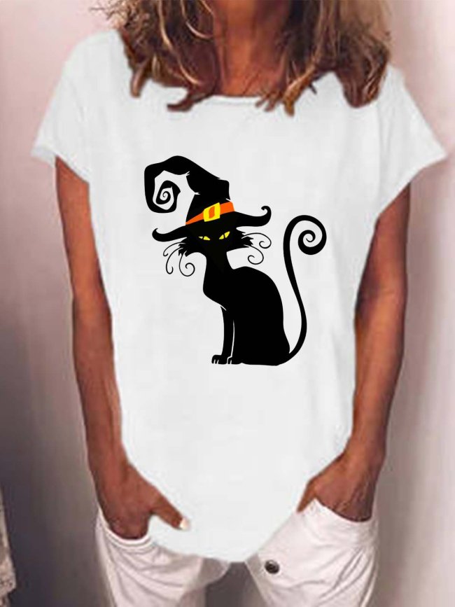 Women Black Cat Halloween Loose T-Shirt