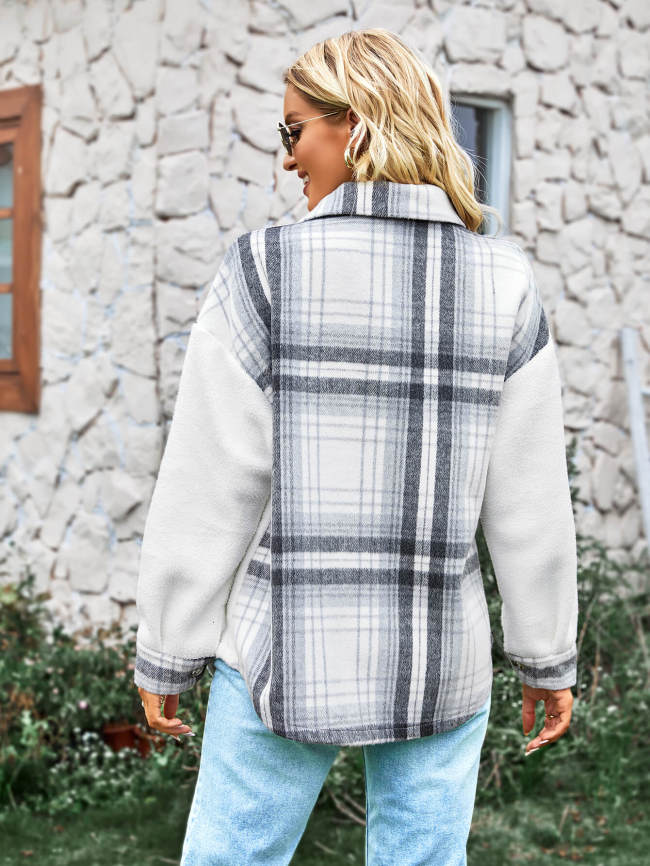 Plaid Contrast Button Front Spliced Sherpa Jacket