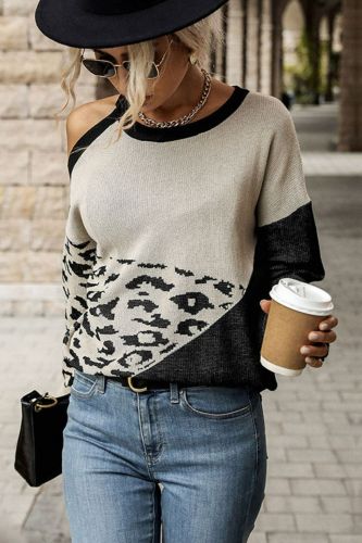 Women's Sweater Leopard Color Block Cold-Shoulder Sweater