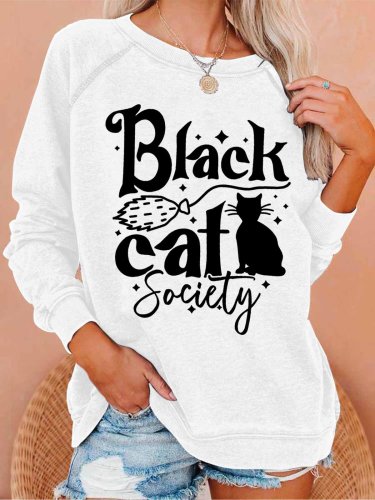 Funny Women Black Cat Society Witch Halloween Loose Crew Neck Sweatshirts