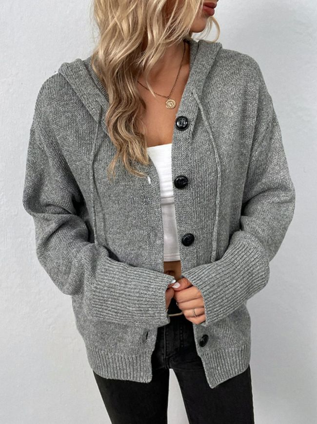 Women's Sweater Cardigan Drawstring Detail Button Front Hooded Cardigan
