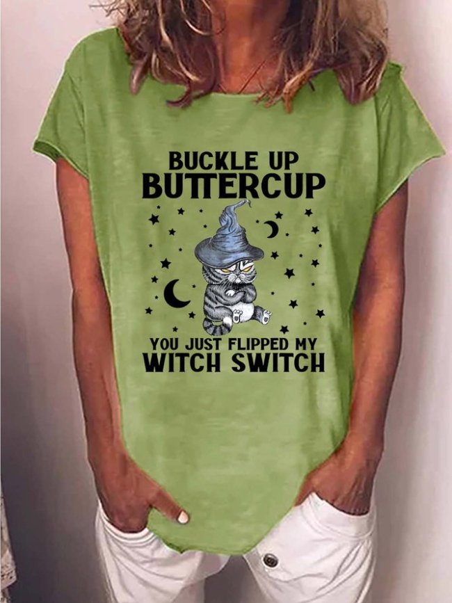 Women Halloween Witch Black Cat Cotton-Blend T-Shirt