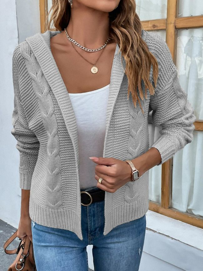 Women's Sweater Cardigan Cable-Knit Dropped Shoulder Hooded Cardigan