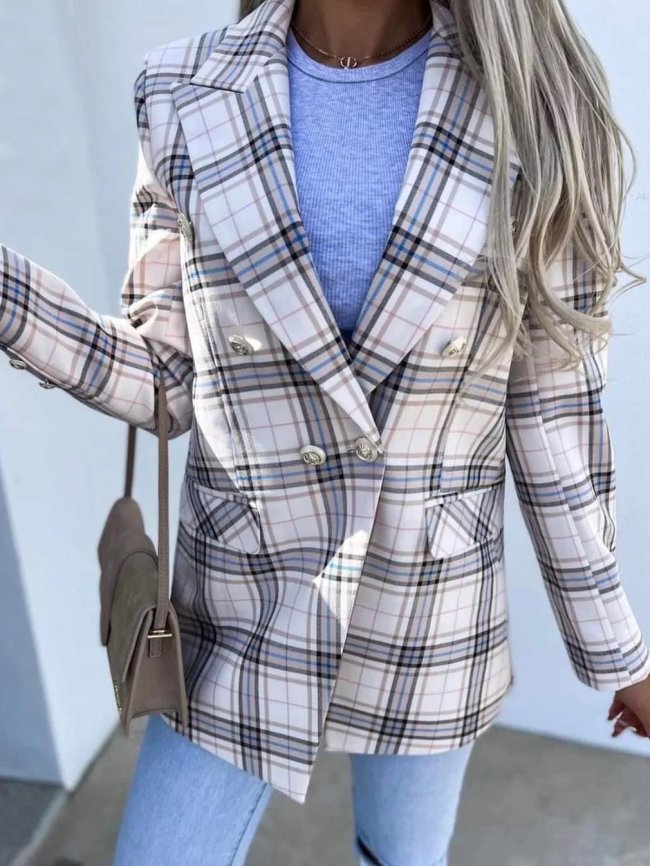 Women's Jacket Check Plaid Double Breasted Slim Fit Blazers