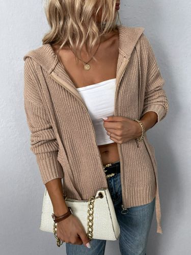 Women's Sweater Cardigan Zip-Up Drawstring Detail Hooded Cardigan