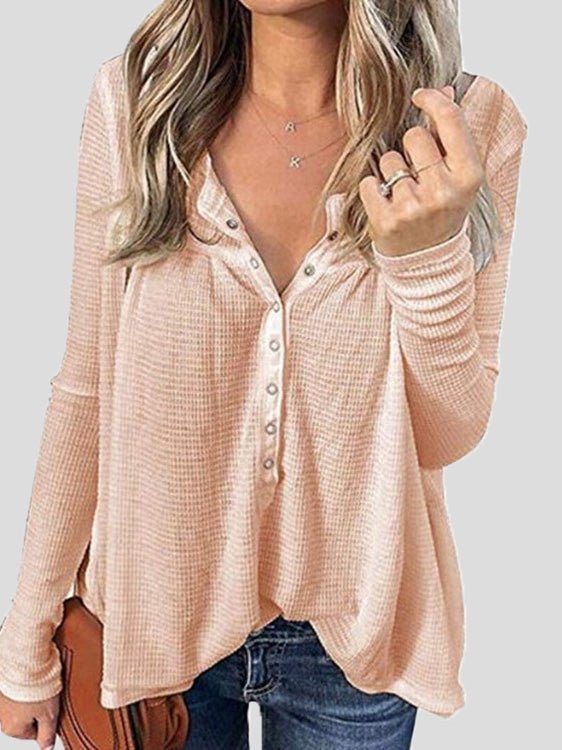 Women's T-Shirts Loose Waffle Button Long Sleeve T-Shirt