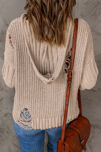 Women's Sweater Rib-Knit Distressed Hooded Sweater