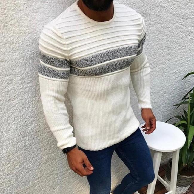 Men's Sweater With Grey Stripes Long Sleeve Crew Neck Basic Light Weight Pullover Sweater