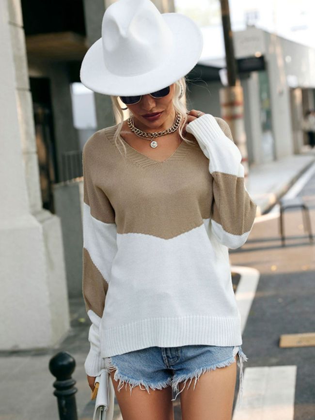 Women's Sweater Two-Tone Ribbed Trim Dropped Shoulder V-Neck Sweater