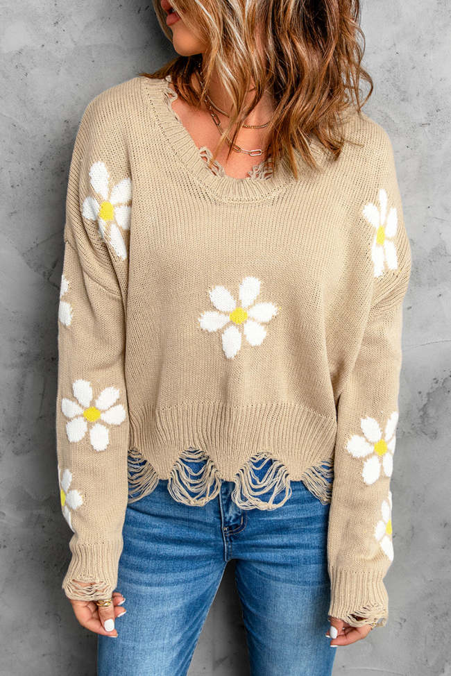 Women's Sweater Floral Ribbed Trim Distressed Sweater