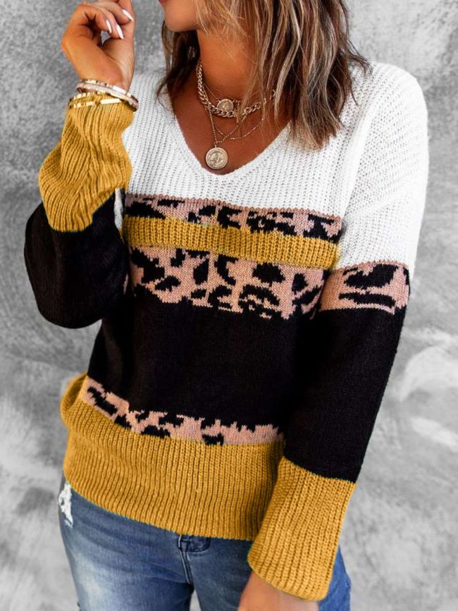 Women's Sweater Leopard Color Block V-Neck Rib-Knit Sweater