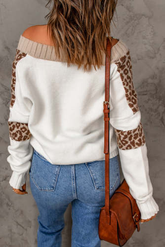 Women's Sweater Leopard Color Block Off-Shoulder Sweater