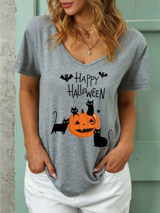 Women Pumpkin Light Halloween Black Cat Casual T-Shirt