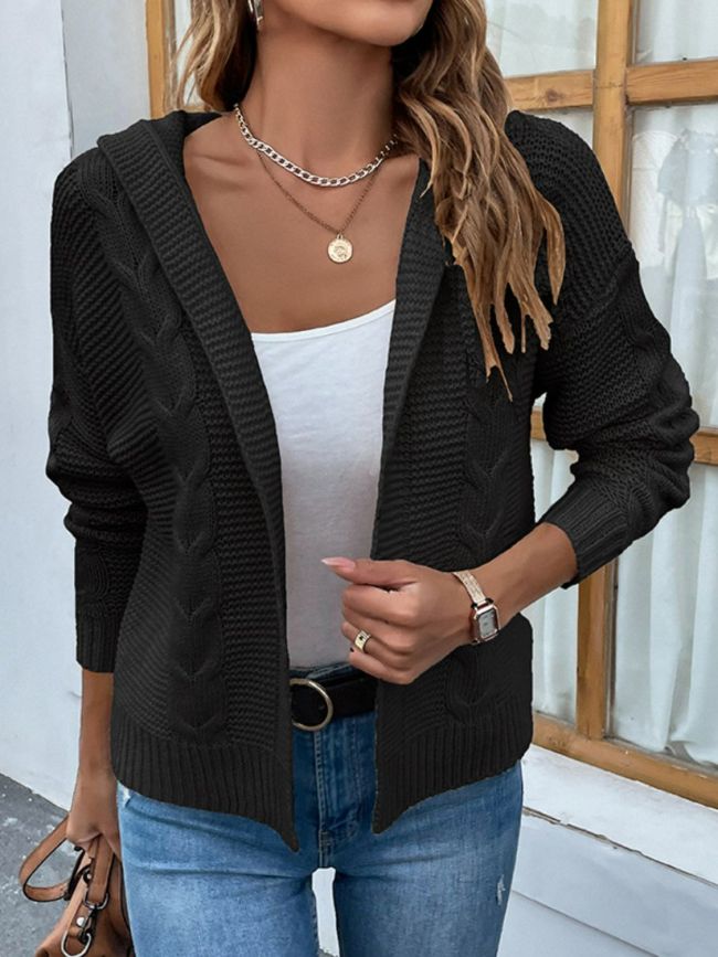 Women's Sweater Cardigan Cable-Knit Dropped Shoulder Hooded Cardigan