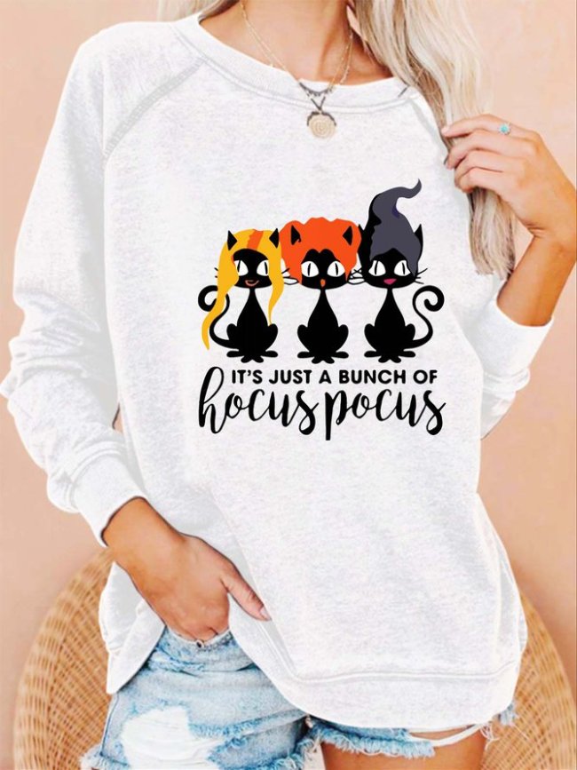 Women Halloween Black Cats Crew Neck Casual Sweatshirts