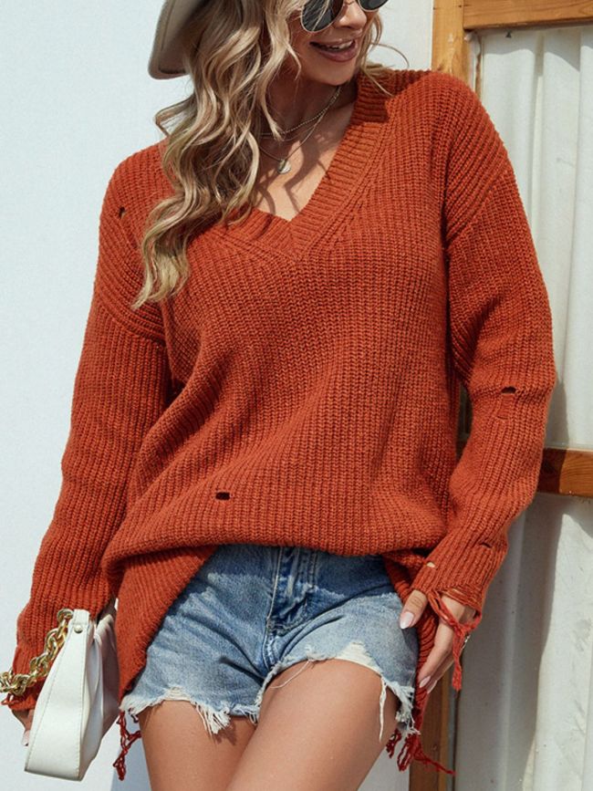 Women's Sweater Distressed V-Neck Rib-Knit Sweater