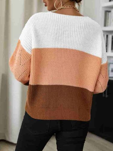 Women's Sweater Tricolor Openwork V-Neck Sweater