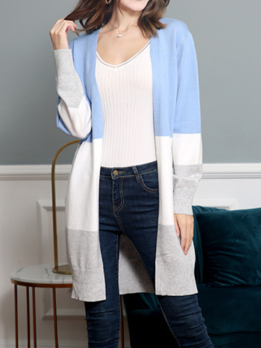 Womens Knit Cardigan Sweater Long Sleeve Soft Color Patchwork Long Cardigan