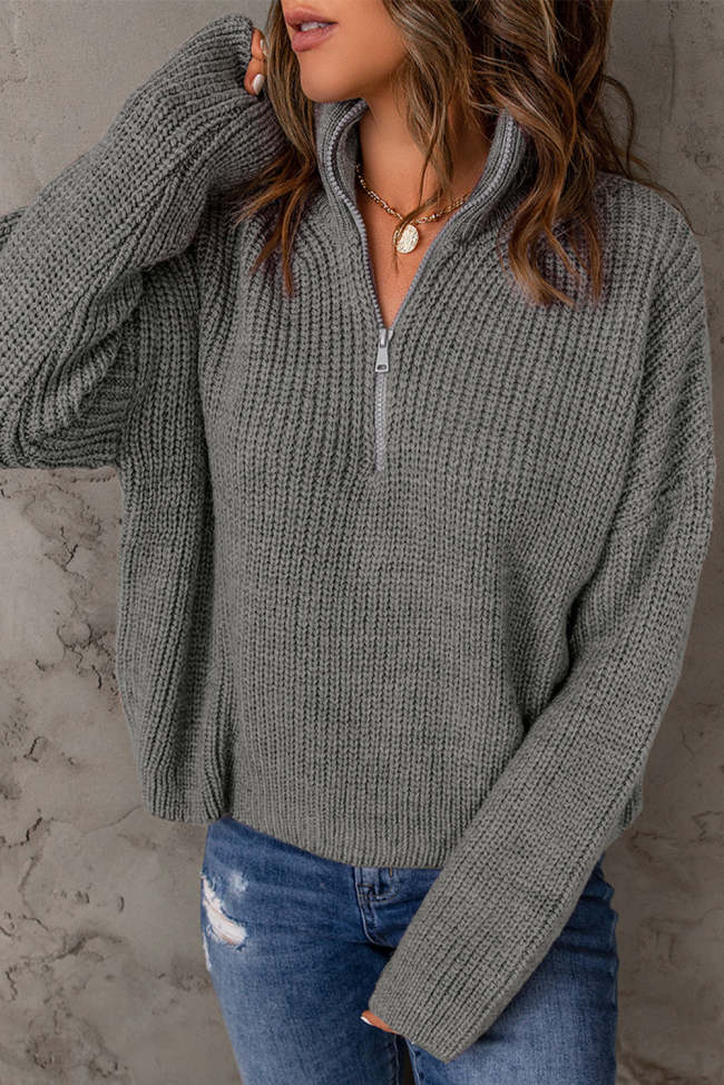 Women's Sweater Half Zip Rib-Knit Dropped Shoulder Sweater