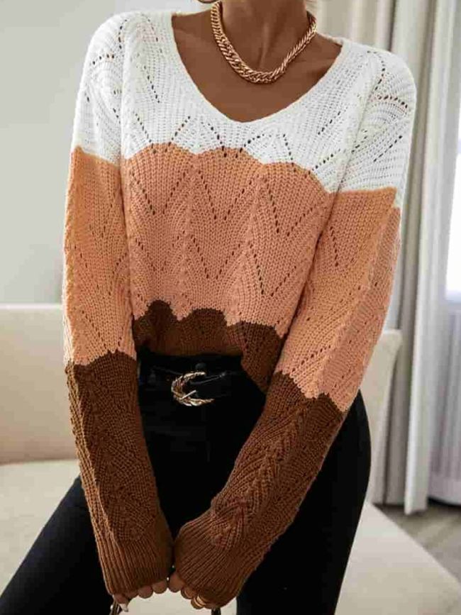 Women's Sweater Tricolor Openwork V-Neck Sweater