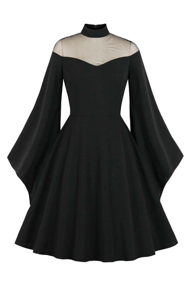 Halloween Dress Black Vampire Retro Dress Angel Sleeve Solid Color Party Dress