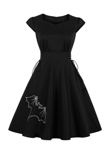 Hallowen Dress Hepburn Style Embroidered Round Neck Vintage Retro Swing Party Dresss