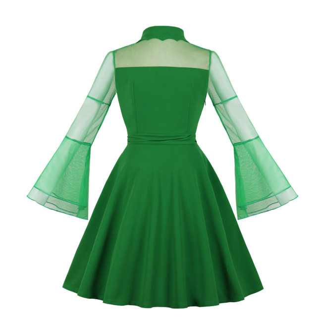 Halloween Dress Mesh Patchwork Solid Color Flared Sleeves Retro Vintage 1950s Dress