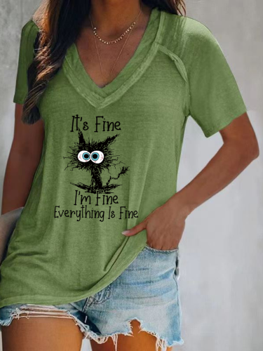 It's Fine I'm fine Everything Is Fine, Loose Cutting Relax Fit V Neck Long Sleeve Pullover Top