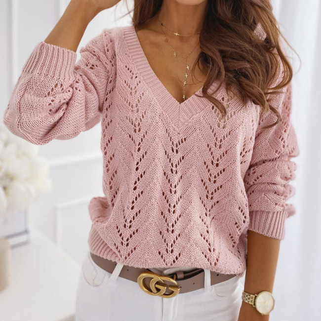 Women's Sweater V-Neck Hollow Out Long Sleeve Knitted Sweater