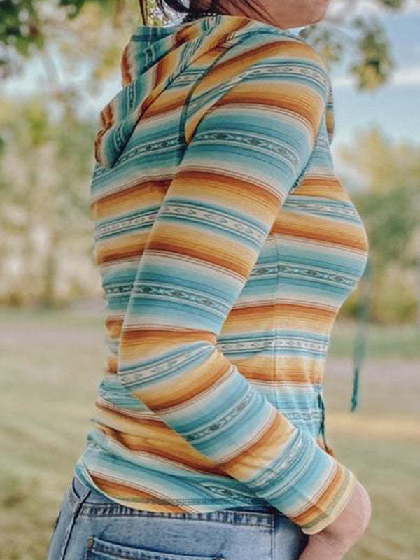 Women's Hoodies Striped Print Pocket Long Sleeve Hoody