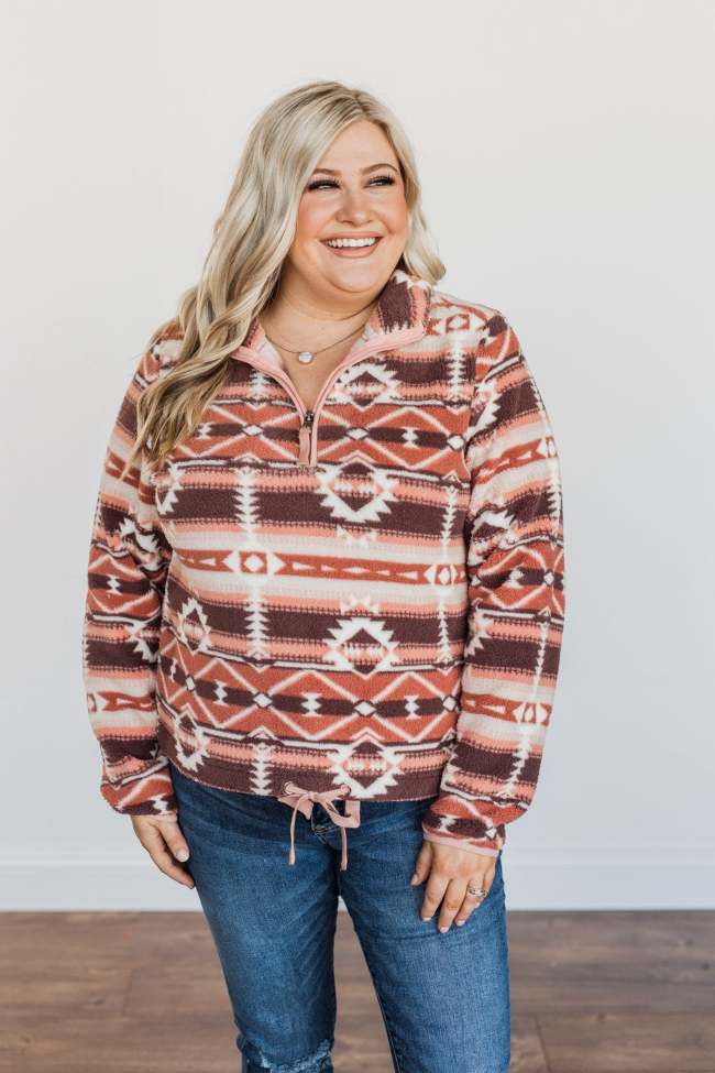 Women Aztec Sherpa Pullover- Mauve Pink Color Western Zipper Sweatshirt