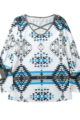Women Aztec Blue & White Crisscross Neck Western Aztec Print Long Sleeve Top