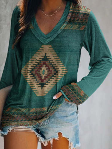 Women Western Aztec Print V-Neck Green Color Long Sleeve Top