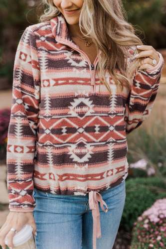 Women Aztec Sherpa Pullover- Mauve Pink Color Western Zipper Sweatshirt