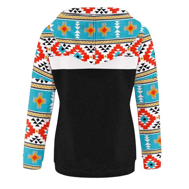 Women's Hoodies Retro Aztec Ethnic Stitching Printed Drawstring Pocket Long Sleeve Hoodie