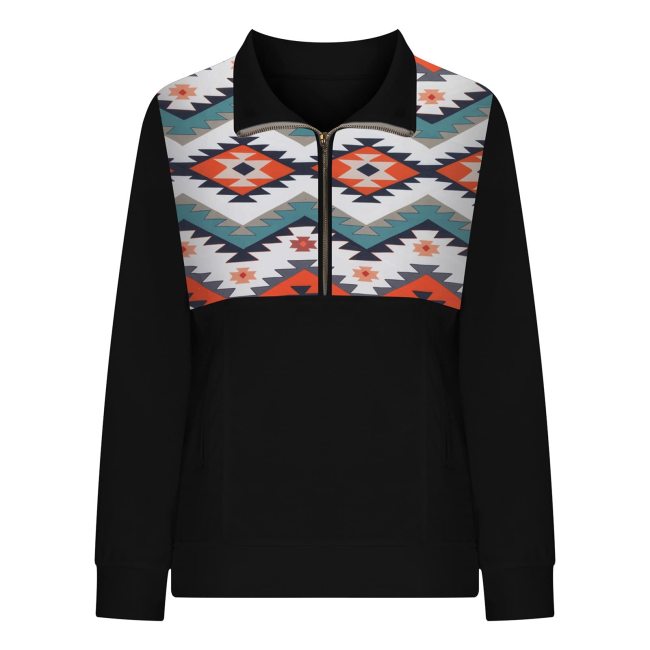 Women's Sweatshirt West Aztec Geometric Pattern Long Sleeve Zipper Cotton-Blend Sweatshirt