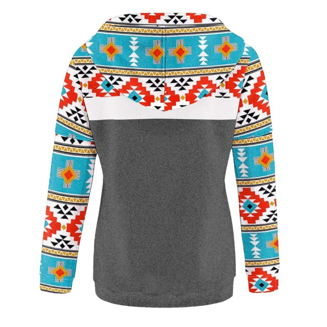 Women's Hoodies Retro Aztec Ethnic Stitching Printed Drawstring Pocket Long Sleeve Hoodie