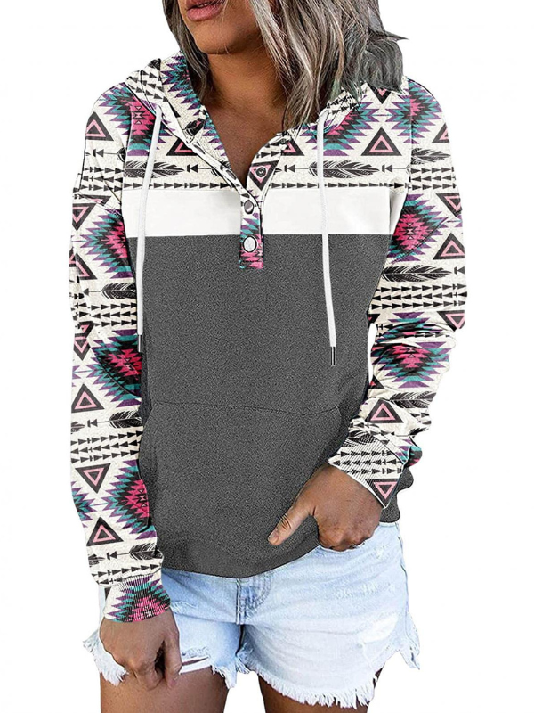 Women's Hoodies Western Aztec Ethnic Stitching Printed Drawstring Pocket Long Sleeve Hoodie