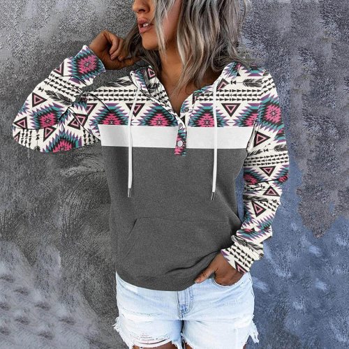 Women's Hoodies Western Aztec Ethnic Stitching Printed Drawstring Pocket Long Sleeve Hoodie