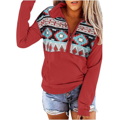 Women's Sweatshirt West Aztec Geometric Pattern Long Sleeve V Neck Cotton-Blend Sweatshirt