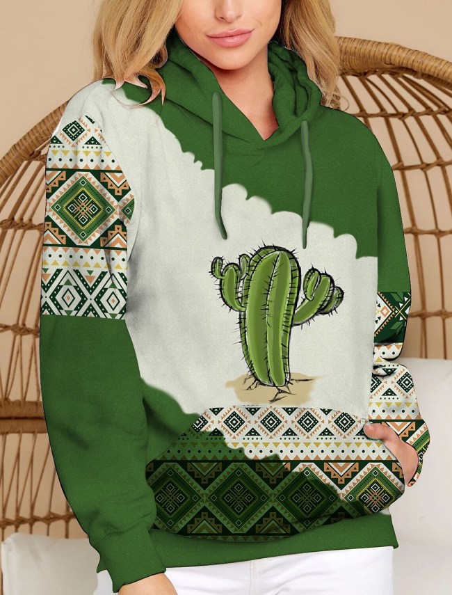 Women's Hoodies Cactus Print Pocket Long Sleeve Hoody