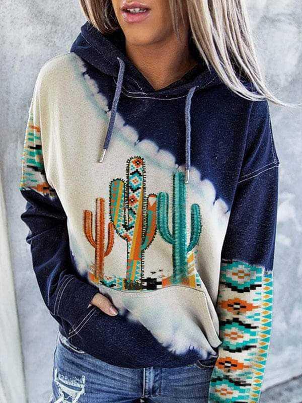 Women's Hoodies Cactus Print Pocket Long Sleeve Hoody